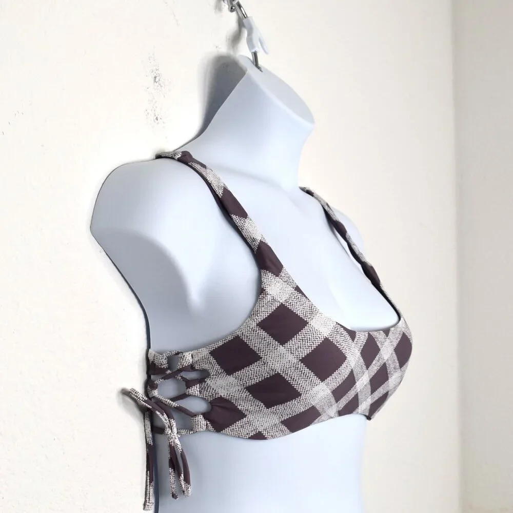 Raisins Bikini Top Bralette Swim Sz L Plaid Demi Cups Adjustable Preppy Boho NWT